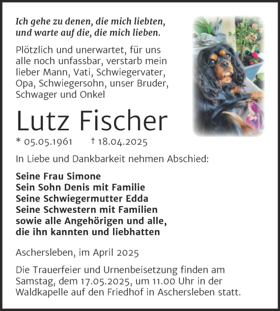 Traueranzeige von Lutz Fischer von Trauerkombi Aschersleben