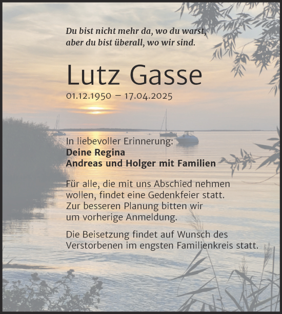 Traueranzeige von Lutz Gasse von Trauerkombi Wittenberg