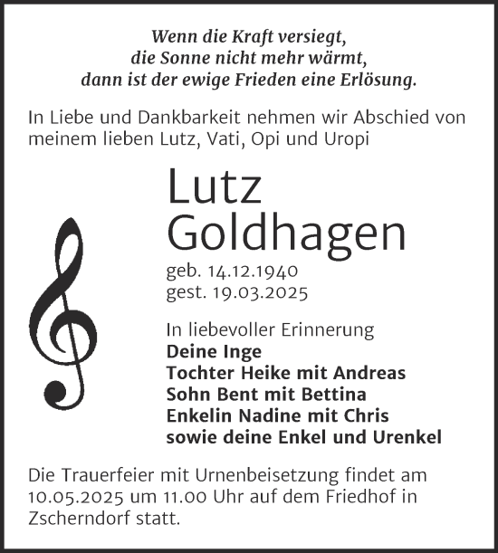 Traueranzeige von Lutz Goldhagen von Trauerkombi Bitterfeld