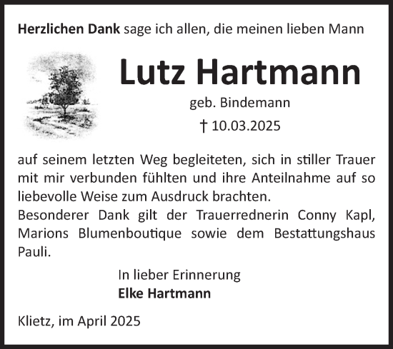 Traueranzeige von Lutz Hartmann von Volksstimme Altmark Ost