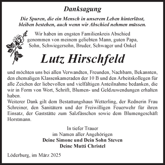 Traueranzeige von Lutz Hirschfeld von Volksstimme Staßfurt