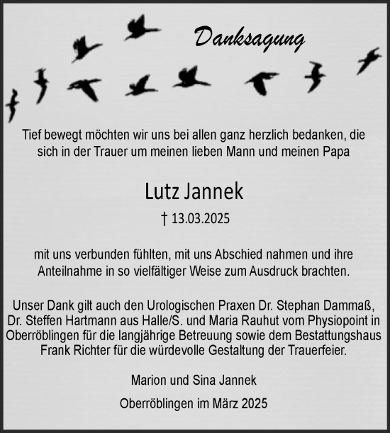 Traueranzeige von Lutz Jannek von Trauerkombi Sangerhausen