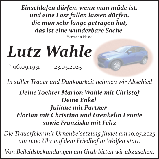 Traueranzeige von Lutz Wahle von Trauerkombi Bitterfeld