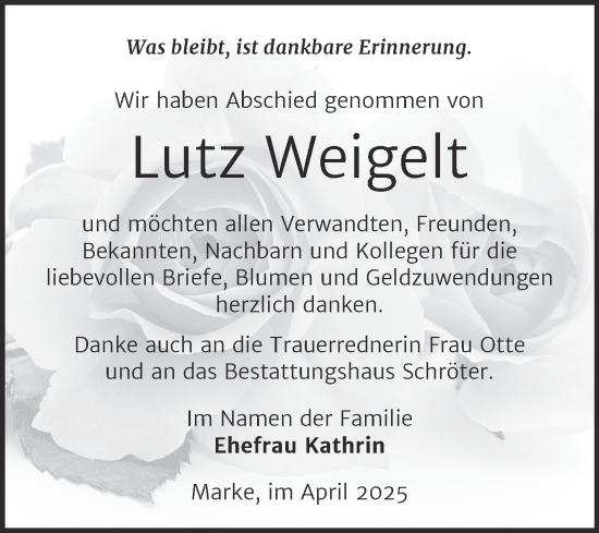 Traueranzeige von Lutz Weigelt von Trauerkombi Bitterfeld