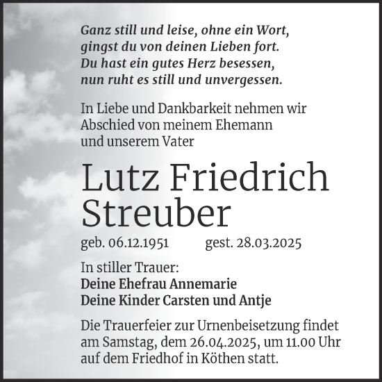 Traueranzeige von Lutz Friedrich Streuber von Trauerkombi Köthen