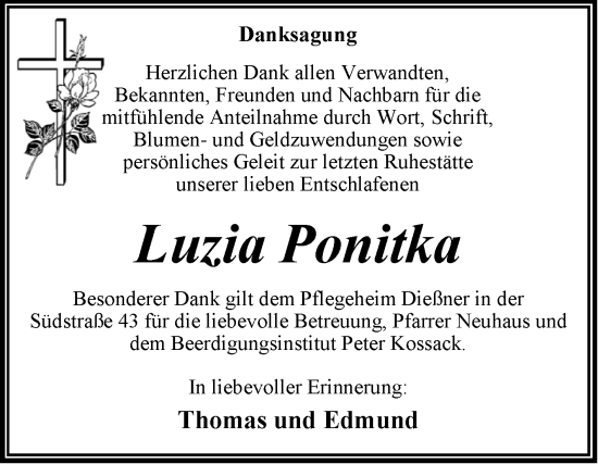 Traueranzeige von Luzia Ponitka von Trauerkombi Wittenberg