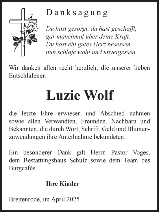 Traueranzeige von Luzie Wolf von Volksstimme Altmark West