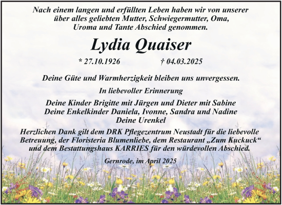 Traueranzeige von Lydia Quaiser von Trauerkombi Quedlinburg