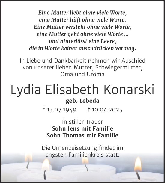 Traueranzeige von Lydia Elisabeth Konarski von Trauerkombi Bitterfeld