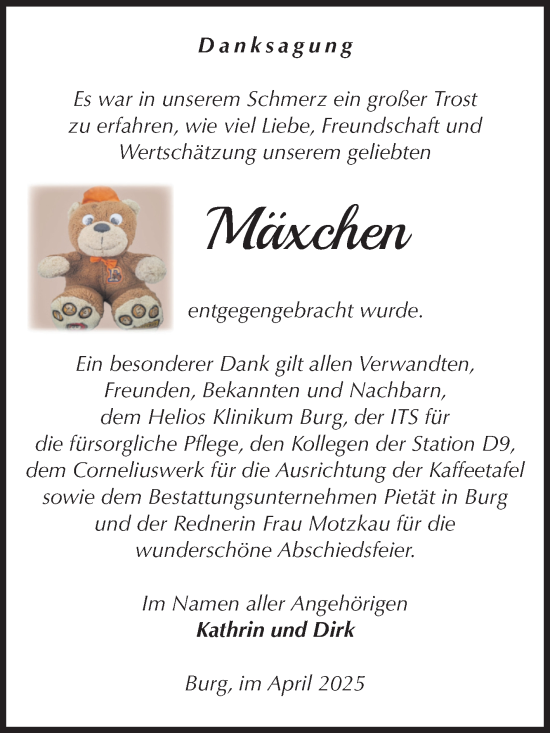 Traueranzeige von Mäxchen  von Volksstimme Burg/Genthin