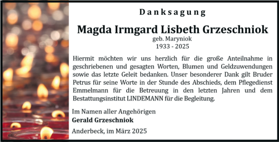 Traueranzeige von Magda Irmgard Lisbeth Grzeschniok von Volksstimme Halberstadt