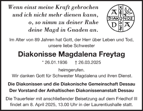 Traueranzeige von Magdalena Freytag von Mitteldeutsche Zeitung Dessau-Roßlau