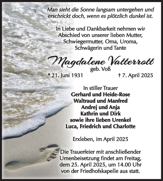 Traueranzeige von Magdalene Vatterrott von Volksstimme Haldensleben/Wolmirstedt
