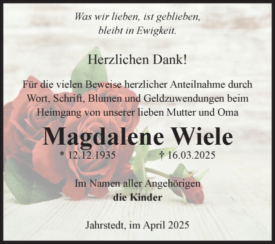 Traueranzeige von Magdalene Wiele von Volksstimme Altmark West