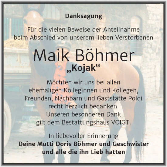Traueranzeige von Maik Böhmer von Trauerkombi Mansfelder Land