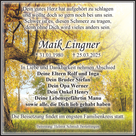 Traueranzeige von Maik Lingner von Volksstimme Schönebeck