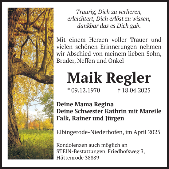 Traueranzeige von Maik Regler von Volksstimme Wernigerode
