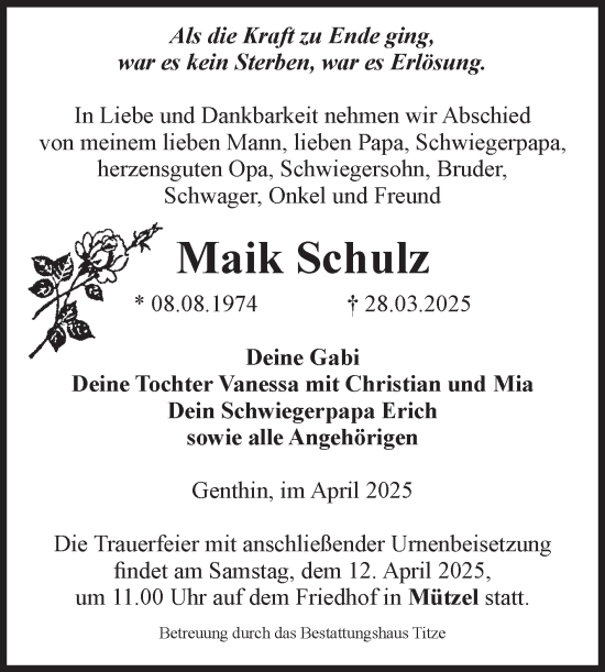 Traueranzeige von Maik Schulz von Volksstimme Burg/Genthin