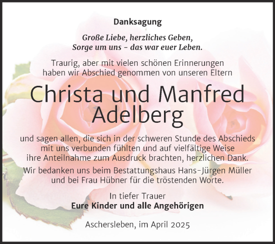 Traueranzeige von Manfred Adelberg von Trauerkombi Aschersleben