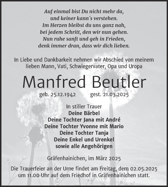 Traueranzeige von Manfred Beutler von Trauerkombi Wittenberg
