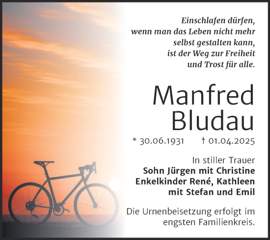 Traueranzeige von Manfred Bludau von Trauerkombi Bernburg