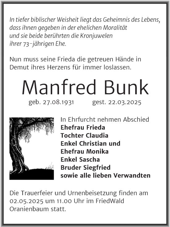 Traueranzeige von Manfred Bunk von Trauerkombi Dessau