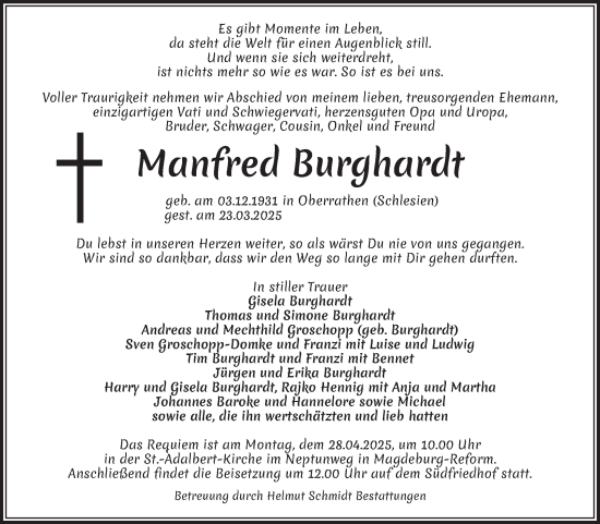 Traueranzeige von Manfred Burghardt von Volksstimme Magdeburg