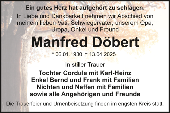 Traueranzeige von Manfred Döbert von Trauerkombi Dessau