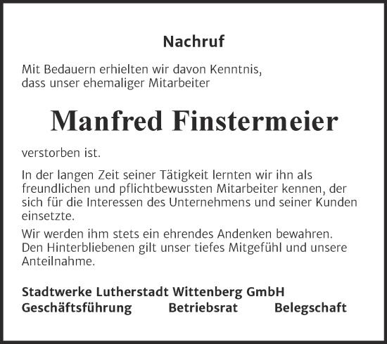 Traueranzeige von Manfred Finstermeier von Super Sonntag Wittenberg