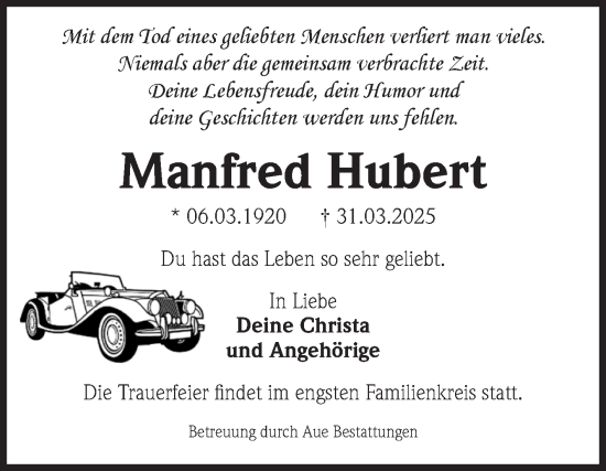 Traueranzeige von Manfred Hubert von Volksstimme Magdeburg