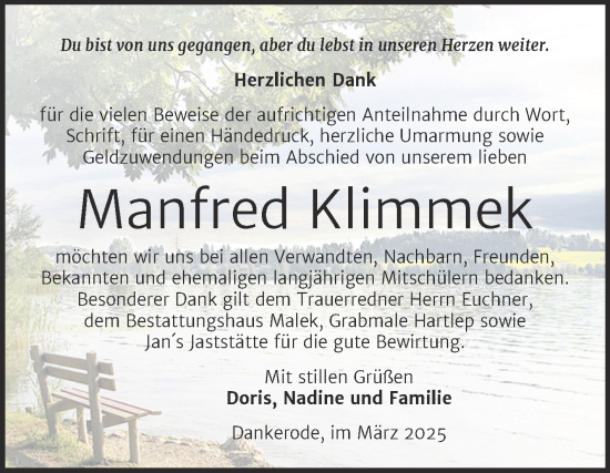 Traueranzeige von Manfred Klimmek von Trauerkombi Quedlinburg