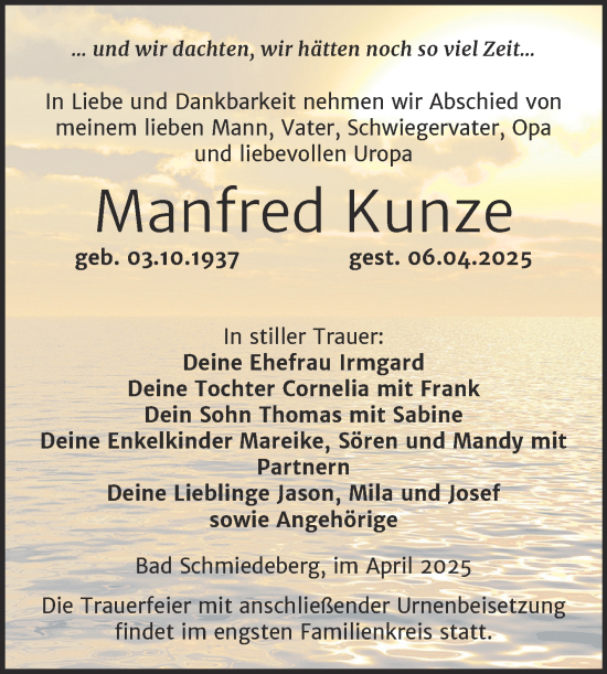 Traueranzeige von Manfred Kunze von Trauerkombi Wittenberg