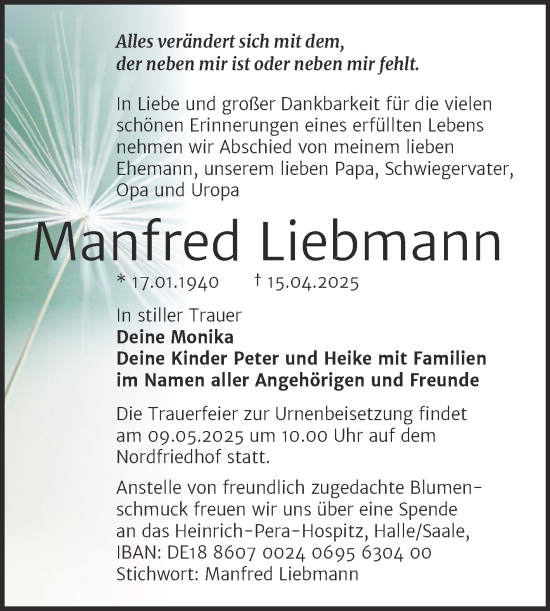 Traueranzeige von Manfred Liebmann von Mitteldeutsche Zeitung Halle/Saalkreis