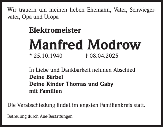 Traueranzeige von Manfred Modrow von Volksstimme Magdeburg