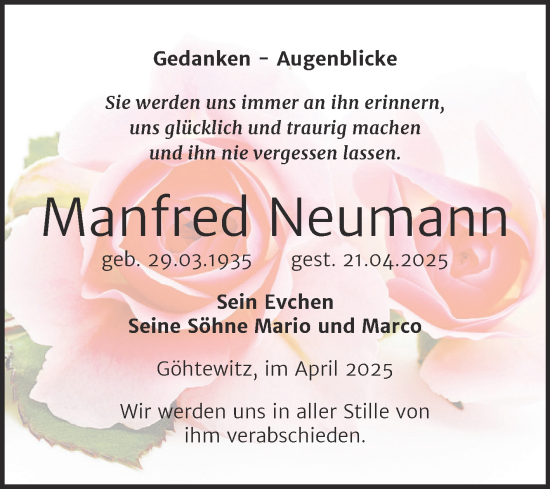 Traueranzeige von Manfred Neumann von Trauerkombi Weißenfels