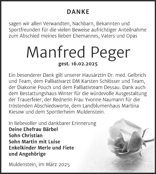 Traueranzeige von Manfred Peger von Trauerkombi Bitterfeld