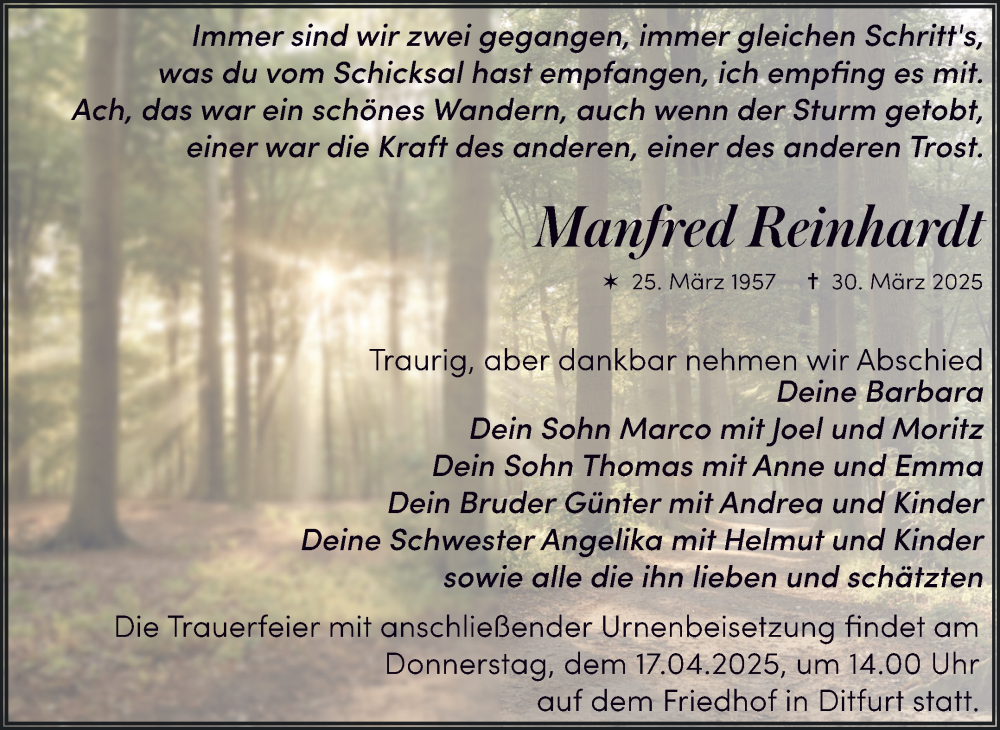  Traueranzeige für Manfred Reinhardt vom 12.04.2025 aus Trauerkombi Quedlinburg