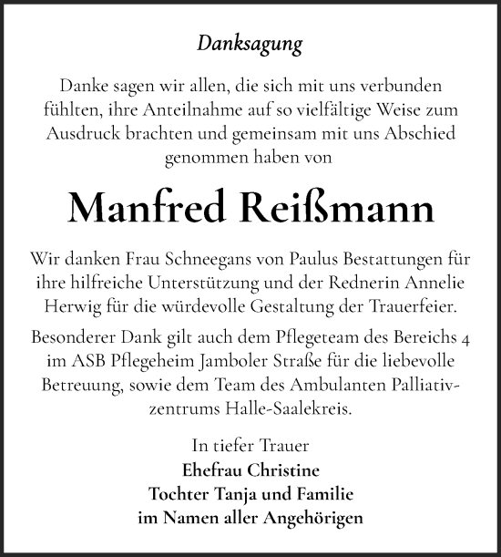 Traueranzeige von Manfred Reißmann von Mitteldeutsche Zeitung Halle/Saalkreis