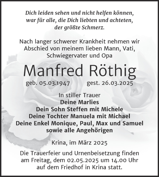 Traueranzeige von Manfred Röthig von Trauerkombi Bitterfeld