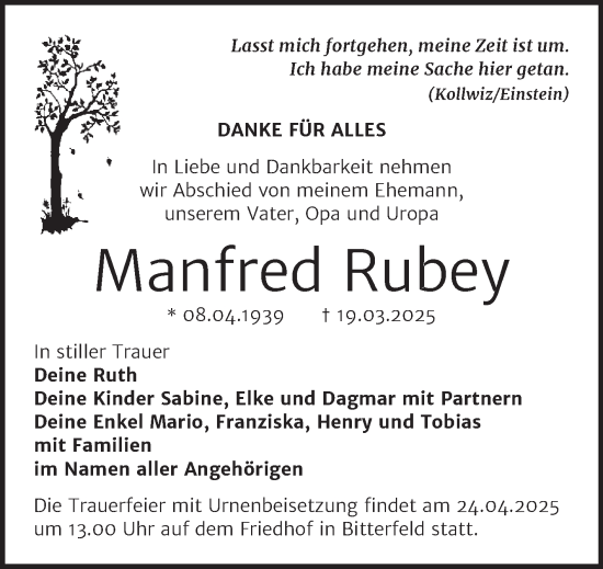 Traueranzeige von Manfred Rubey von Trauerkombi Bitterfeld