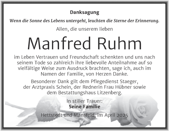 Traueranzeige von Manfred Ruhm von Trauerkombi Mansfelder Land