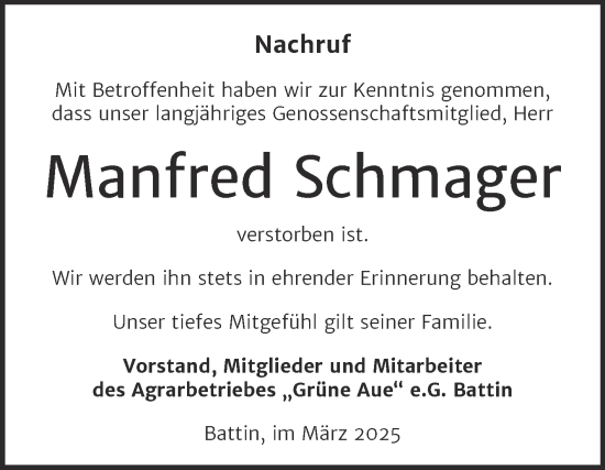 Traueranzeige von Manfred Schmager von Super Sonntag Wittenberg
