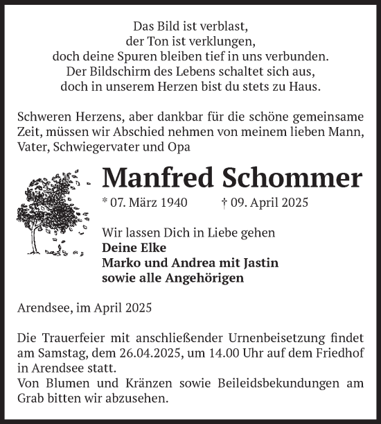 Traueranzeige von Manfred Schommer von Volksstimme Altmark West