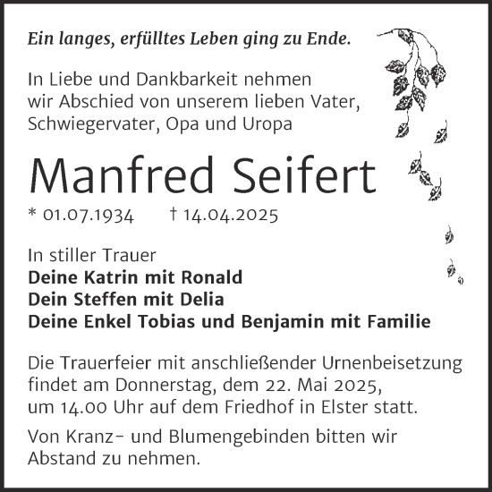 Traueranzeige von Manfred Seifert von Super Sonntag Wittenberg