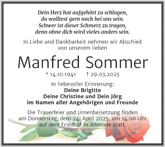 Traueranzeige von Manfred Sommer von Trauerkombi Mansfelder Land