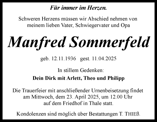 Traueranzeige von Manfred Sommerfeld von Trauerkombi Quedlinburg