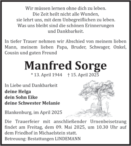 Traueranzeige von Manfred Sorge von Volksstimme Wernigerode