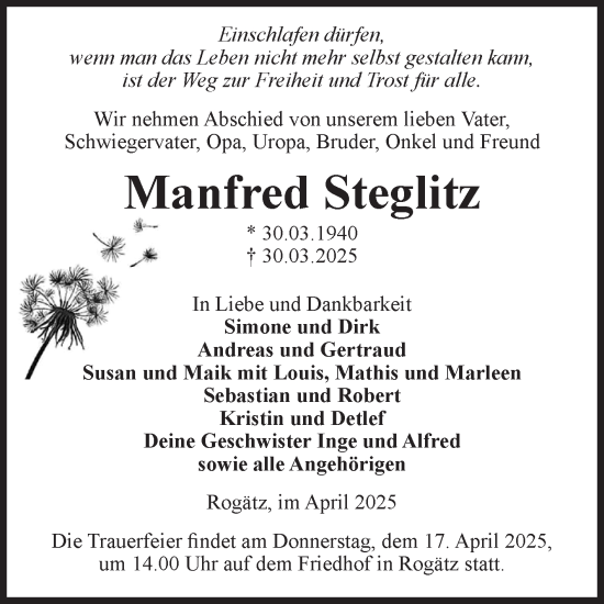Traueranzeige von Manfred Steglitz von Volksstimme Haldensleben/Wolmirstedt