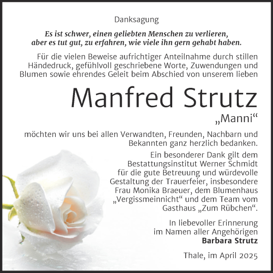 Traueranzeige von Manfred Strutz von Trauerkombi Quedlinburg