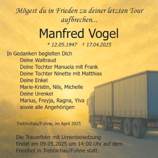 Traueranzeige von Manfred Vogel von Trauerkombi Köthen
